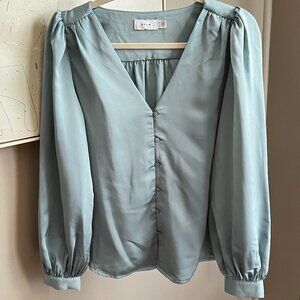 VILA Light Blue Blouse Button Front Vneck With Puffy Sleeves Smooth Size 38